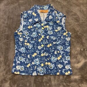 Painted Pony Vintage Blue Floral Sleeveless Button Down Vest Top Cottagecore